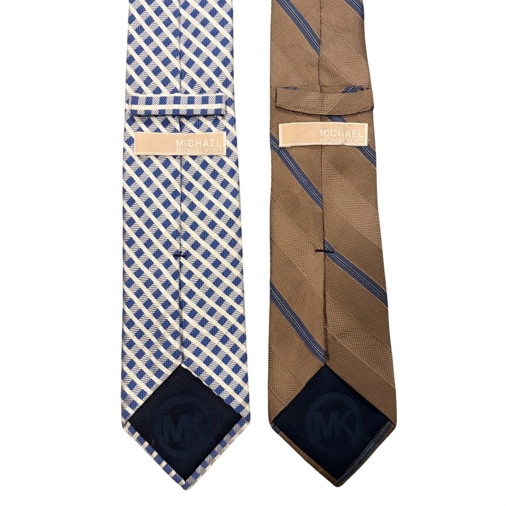 Michael Kors Men Tie Bundle Blue Gingham Check Brown Striped Neckties